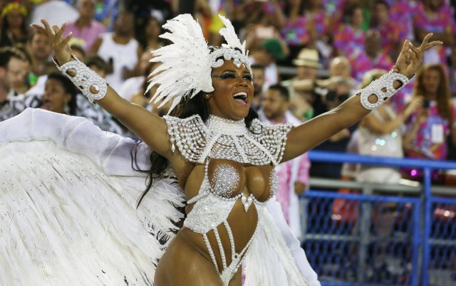 Drum queen Evelyn Bastos from Mangueira samba school performs during the second night of the carnival parade at the Sambadrome in Rio de Janeiro