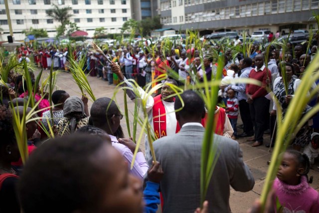 A member of the Catholic Christian clergy blesses worshippers with holy water during a Palm Sunday ceremony in Nairobi, Kenya April 9, 2017. REUTERS/Baz Ratner.