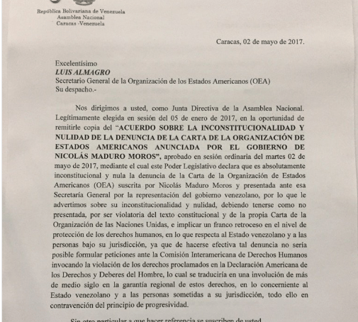 Diputados firman carta para notificar que Venezuela no puede salirse de la OEA. Foto: Twitter 