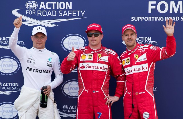 SUKI059. Monte Carlo (Monaco), 27/05/2017.- Finnish Formula One driver Kimi Raikkonen (C) of Scuderia Ferrari reacts as he took pole position in the qualifying session ahead German Formula One driver Sebastian Vettel (R) of Scuderia Ferrari and Finnish Formula One driver Valtteri Bottas (L) of Mercedes AMG GP at Monte Carlo circuit in Monaco, 27 May 2017. The 2017 Formula One Grand Prix of Monaco will take place on 28 May 2017. (Fórmula Uno) EFE/EPA/SRDJAN SUKI