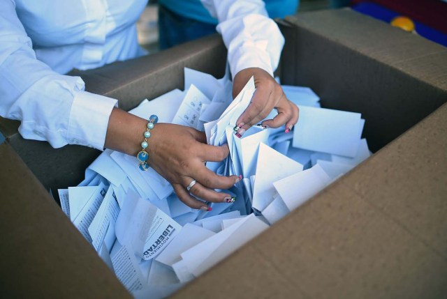 Volunteers count the ballots during an opposition-organized vote to measure public support for Venezuelan President Nicolas Maduro's plan to rewrite the constitution in Caracas on July 16, 2017. Authorities have refused to greenlight the vote that has been presented as an act of civil disobedience and supporters of Maduro are boycotting it. Protests against Maduro since April 1 have brought thousands to the streets demanding elections, but has also left 96 people dead, according to an official toll. / AFP PHOTO / RONALDO SCHEMIDT