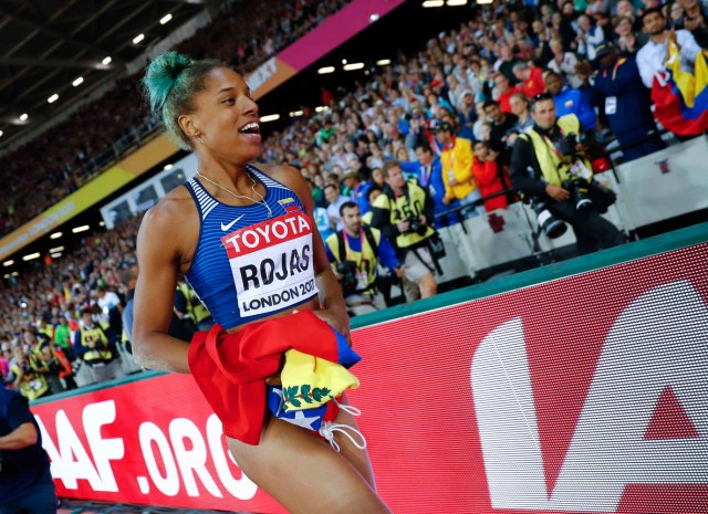 Athletics - World Athletics Championships – women’s triple jump final – London Stadium, London, Britain – August 7, 2017 – Yulimar Rojas of Venezuela celebrates after winning the final. REUTERS/Kai Pfaffenbach