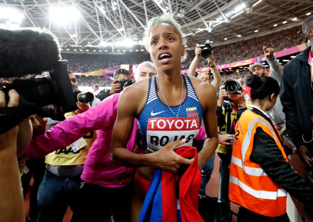 Athletics - World Athletics Championships - Women's Triple Jump Final – London Stadium, London, Britain - August 7, 2017. Yulimar Rojas of Venezuela celebrates winning gold. REUTERS/Phil Noble