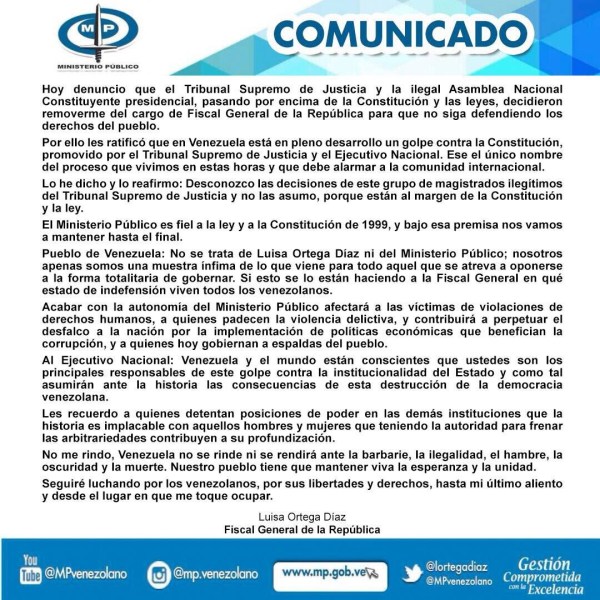 Comunicado Luisa Ortega Díaz