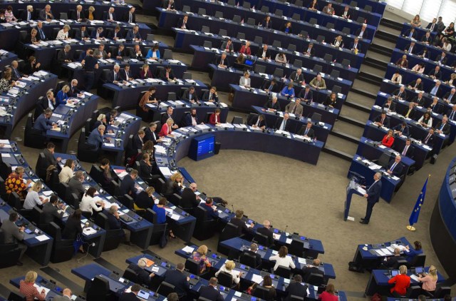 European Commission President Jean-Claude Juncker delivers his State of the Union speech at the European Parliament in Strasbourg, eastern France, on September 13, 2017.  / AFP PHOTO / PATRICK HERTZOG