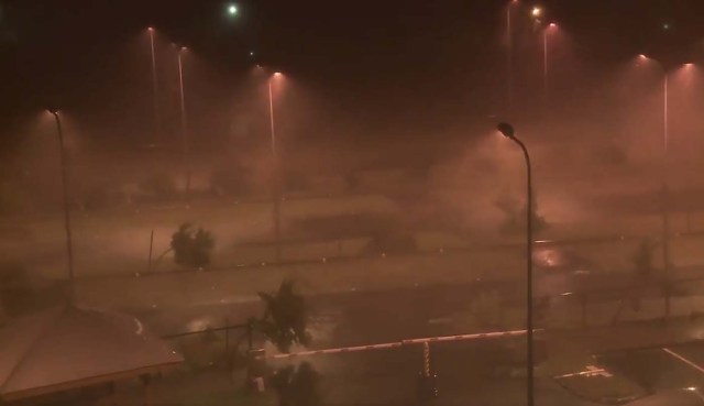 This handout picture obtained from a video released on September 19, 2017, on the twitter account of the Prefecture de Guadeloupe shows the powerful winds and rain of hurricane Maria battering the south of Basse Terre on the French overseas Caribbean island of Guadeloupe. Hurricane Maria strengthened into a "potentially catastrophic" Category Five storm as it barrelled into eastern Caribbean islands still reeling from Irma, forcing residents to evacuate in powerful winds and lashing rain. / AFP PHOTO / Prefecture de Guadeloupe AND TWITTER / STRINGER / RESTRICTED TO EDITORIAL USE - MANDATORY CREDIT "AFP PHOTO / TWITTER / PREFECTURE DE GUADELOUPE" - NO MARKETING NO ADVERTISING CAMPAIGNS - DISTRIBUTED AS A SERVICE TO CLIENTS