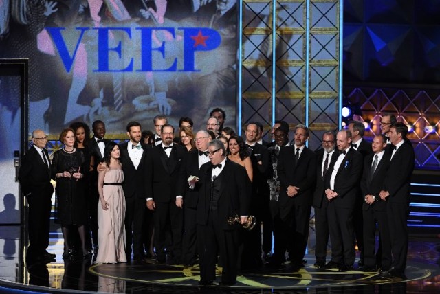 LOS ANGELES, CA - SEPTEMBER 17: Cast and crew of 'Veep' accept the Outstanding Comedy Series award onstage during the 69th Annual Primetime Emmy Awards at Microsoft Theater on September 17, 2017 in Los Angeles, California.   Kevin Winter/Getty Images/AFP