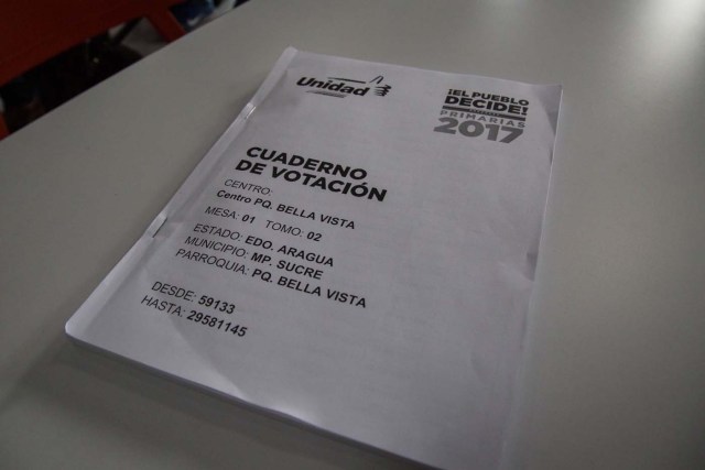 CAR112. CARACAS (VENEZUELA), 04/09/2017.-Vista de un cuaderno de votación durante una rueda de prensa hoy, lunes 4 de septiembre de 2017, en Caracas (Venezuela). La alianza opositora venezolana MUD habilitará 977 centros de votación en 19 estados del país para las elecciones primarias que realizarán el próximo 10 de septiembre con el fin de tener candidatos unitarios para los comicios regionales convocados para octubre. EFE/Nathalie Sayago