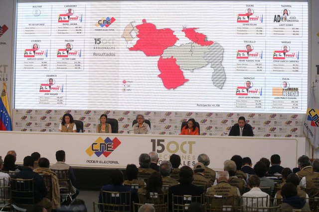 CAR12. CARACAS (VENEZUELA), 15/10/2018.- Fotografía cedida por la Agencia Venezolana de Noticias (AVN), de (i-d) los rectores del Consejo Nacional Electoral (CNE), Tania D' Amelio, Sandra Oblitas, la presidenta Tibisay Lucena, Socorro Hernández y Luis Emilio Rondón, mientras participan en el anuncio de resultados oficiales de las elecciones regionales hoy, domingo 15 de octubre de 2017, en Caracas (Venezuela). El oficialista Partido Socialista Unido de Venezuela (PSUV) se impuso en 17 de los 23 estados del país en las elecciones a gobernadores celebradas hoy, según los resultados oficiales anunciados por el Consejo Nacional Electoral (CNE). EFE/AVN/SOLO USO EDITORIAL/NO VENTAS