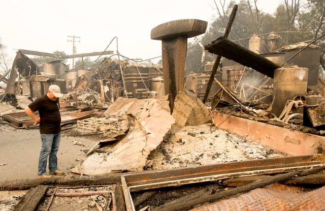 Owner Rene Byck looks over remains of his Paradise Ridge Winery in Santa Rosa, California, on October 10, 2017. Firefighters encouraged by weakening winds were battling 17 large wildfires on Tuesday in California which have left at least 13 people dead, thousands homeless and ravaged the state's famed wine country. / AFP PHOTO / JOSH EDELSON