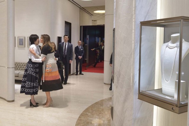 First lady of the United States Melania Trump is welcomed by Japan's First Lady Akie Abe as she arrives at Mikimoto Ginza Main Store for a cultural event in the fashionable Ginza district of Tokyo, Japan November 5, 2017. REUTERS/David Mareuil/Pool