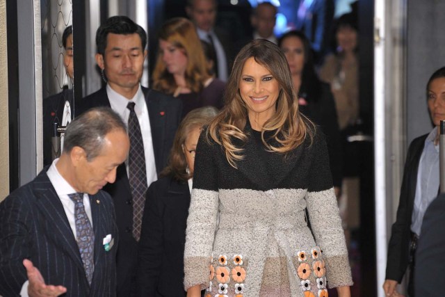 First lady of the United States Melania Trump is welcomed by Japan's First Lady Akie Abe (not pictured) as she arrives at Mikimoto Ginza Main Store for a cultural event in the fashionable Ginza district of Tokyo, Japan November 5, 2017. REUTERS/David Mareuil/Pool