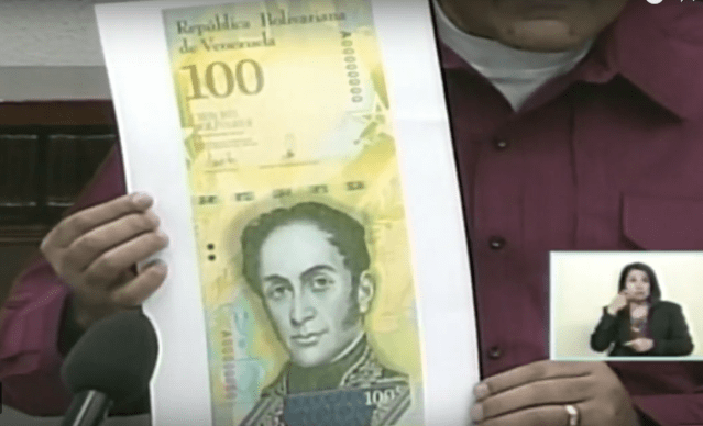 Billete de 100 mil Bs. Captura video cadena nacional