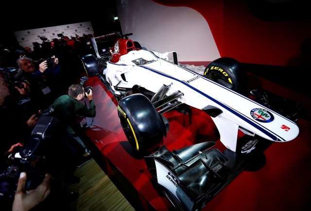 The Alfa Romeo Sauber F1 car is pictured during a presentation in Arese, near Milan, Italy December 2, 2017. REUTERS/Alessandro Garofalo