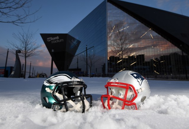 Jan 31, 2018; Minneapolis, MN, USA; General overall view of Philadelphia Eagles and New England Patriots helmets at U.S. Bank Stadium prior to Super Bowl LII. Mandatory Credit: Kirby Lee-USA TODAY Sports