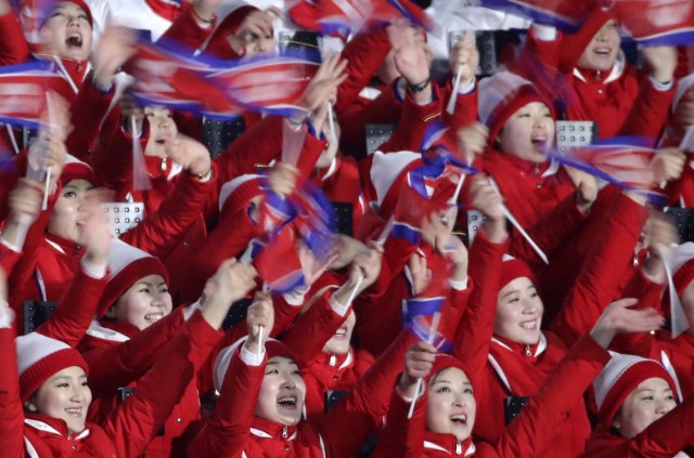 Pyeongchang 2018 Winter Olympics – Opening ceremony – Pyeongchang Olympic Stadium - Pyeongchang, South Korea – February 9, 2018 - North Korea's cheerleaders attend the opening ceremony. REUTERS/Carlos Barria