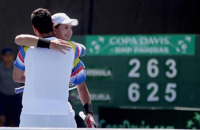 CIUDAD DE GUATEMALA (GUATEMALA). 04/02/2018.- Los jugadores venezolanos Roberto Maytin (i) y Luis David Martínez (d) celebran el triunfo de dobles ante Guatemala durante la serie entre Guatemala y Venezuela en el clasificatorio de Copa Davis, disputado en las instalaciones de la Federación Nacional de Tenis de Guatemala hoy, domingo 4 de febrero de 2018, en Ciudad de Guatemala (Guatemala). EFE/Esteban Biba