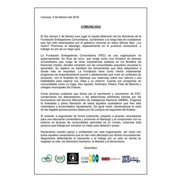 Comunicado ME ucab detención Emb Comunitarios-05FEB