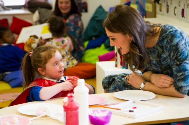 Handout photo dated 10/01/18 issued by Place2Be of the Duchess of Cambridge, royal patron of the children's mental health charity Place2Be, meeting children during a visit to Reach Academy Feltham in London. PRESS ASSOCIATION Photo. Issue date: Monday February 5, 2018. The Duchess has recorded a video message with pupils, parents and teachers at the academy for Children's Mental Health Week. See PA story ROYAL Kate. Photo credit should read: Place2Be/PA Wire NOTE TO EDITORS: This handout photo may only be used in for editorial reporting purposes for the contemporaneous illustration of events, things or the people in the image or facts mentioned in the caption. Reuse of the picture may require further permission from the copyright holder.