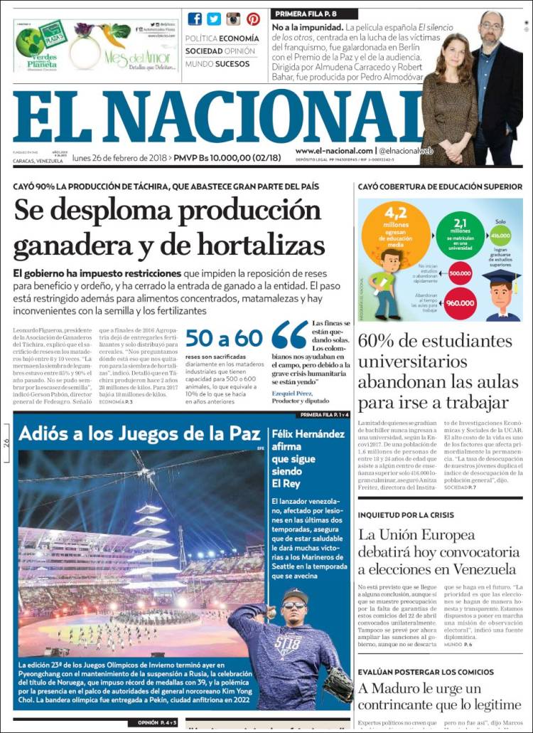 Portadas de este lunes 26 de febrero de 2018