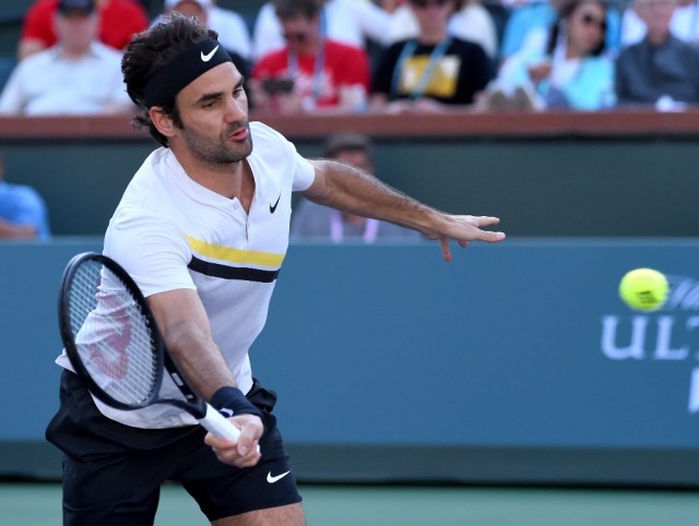 Mar 14, 2018; Indian Wells, CA, USA; Roger Federer (SUI) during his fourth round match against Jeremy Chardy (not pictured) in the BNP Paribas Open at the Indian Wells Tennis Garden. Mandatory Credit: Jayne Kamin-Oncea-USA TODAY Sports