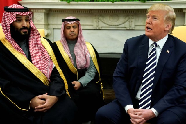 U.S. President Donald Trump delivers remarks as he welcomes Saudi Arabia's Crown Prince Mohammed bin Salman in the Oval Office at the White House in Washington, U.S. March 20, 2018. REUTERS/Jonathan Ernst