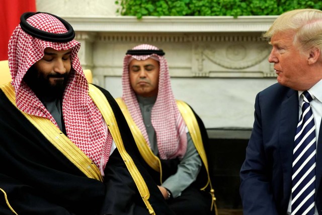 U.S. President Donald Trump delivers remarks as he welcomes Saudi Arabia's Crown Prince Mohammed bin Salman in the Oval Office at the White House in Washington, U.S. March 20, 2018. REUTERS/Jonathan Ernst