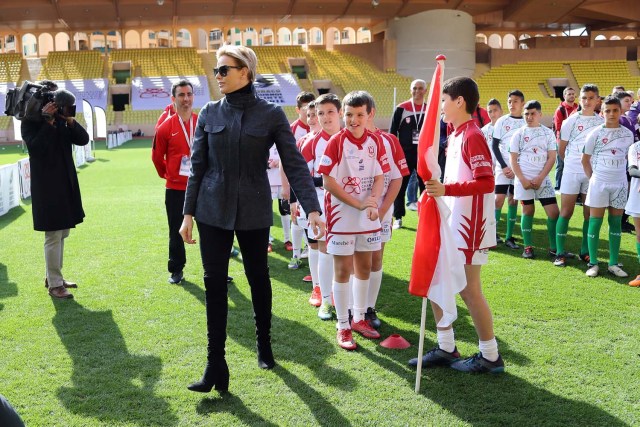 Princess Charlene of Monaco attends the International Rugby tournament Tournoi Sainte Devote at the Louis II Stadium in Monaco, March 31, 2018. Valery Hache/Pool via Reuters