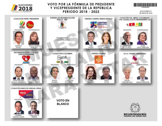 Este es el tarjetón presidencial para la primera vuelta en Colombia. Foto: Registraduría General de la Nación