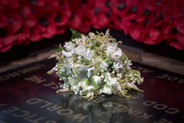 Meghan Markle's wedding bouquet lies on the grave of the Unknown Warrior in the west nave of Westminster Abbey, London, Britain May 20, 2018. Victoria Jones/Pool via Reuters