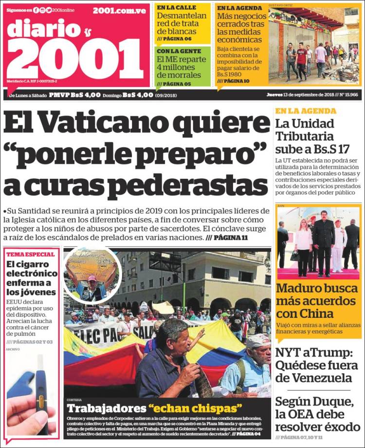 Portadas de este jueves 13 de septiembre de 2018