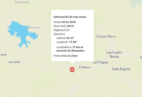 Sismo de magnitud 3.7 la madrugada de este martes en Sinamaica