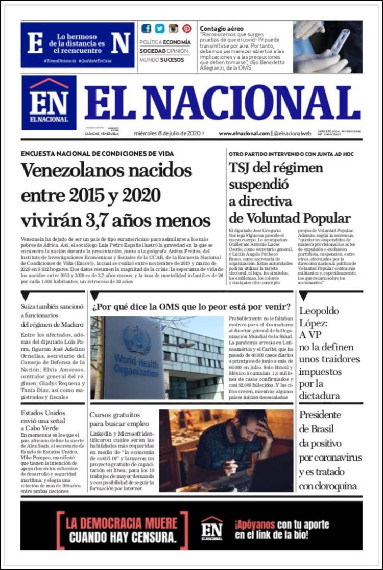 Portadas de este miércoles 8 de julio de 2020