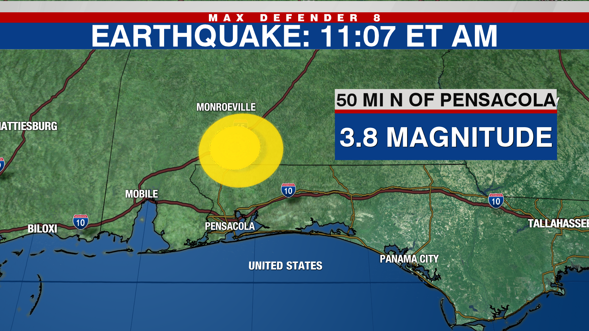 Temblor de magnitud 3.8 sacudió la frontera entre Florida y Alabama