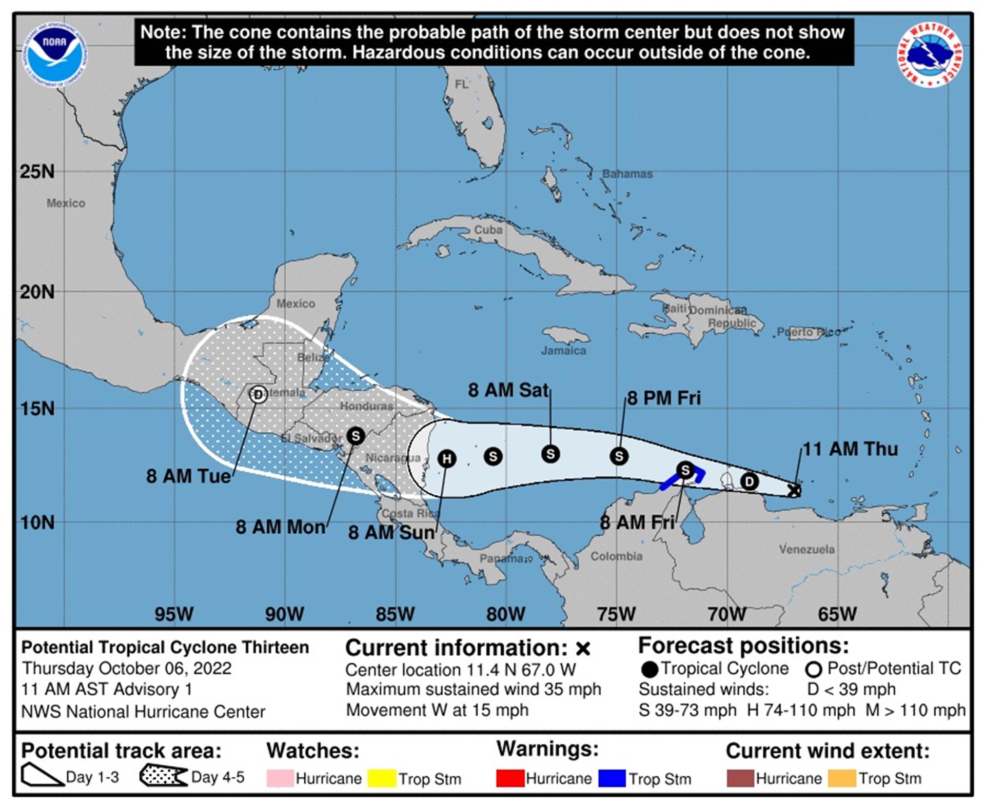 La potencial tormenta tropical Trece cada vez más organizada en el Caribe