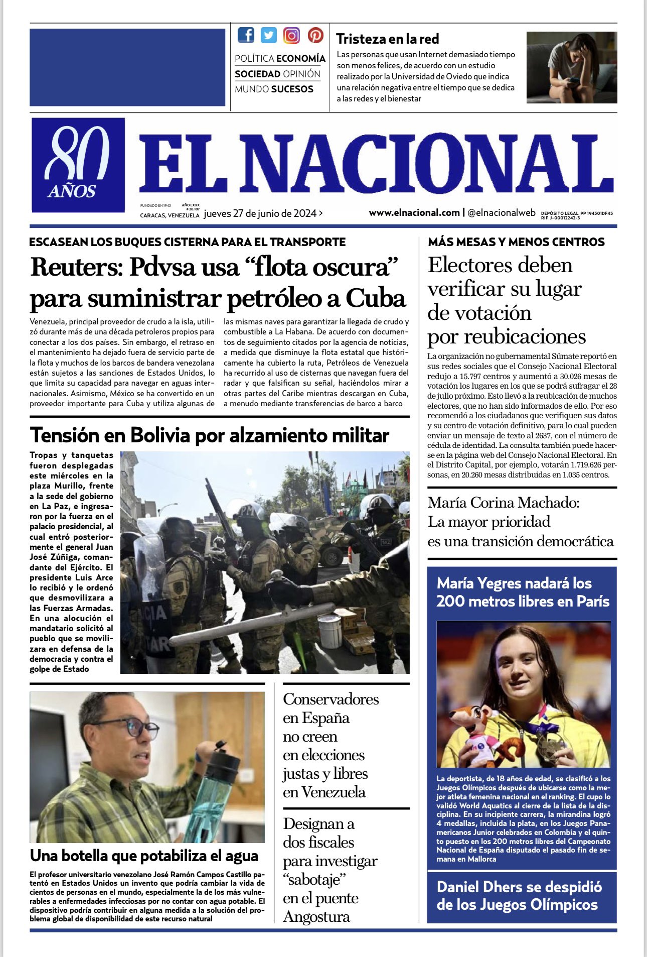 Portadas de este jueves 27 de junio de 2024