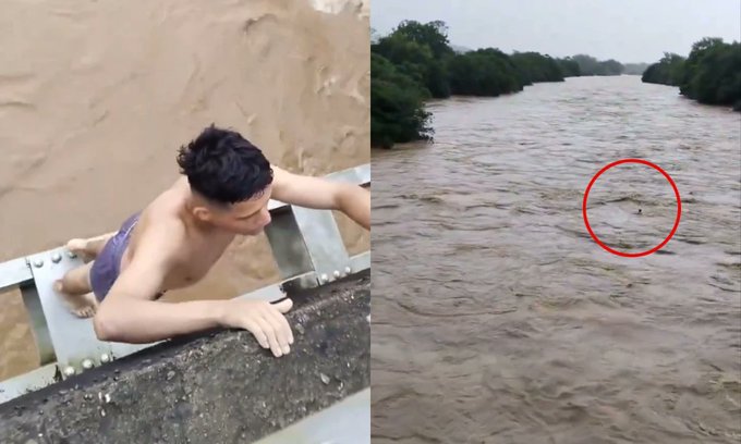 VIDEO IMPACTANTE: decidió arriesgar su vida para desafiar la fuerte corriente de un río 