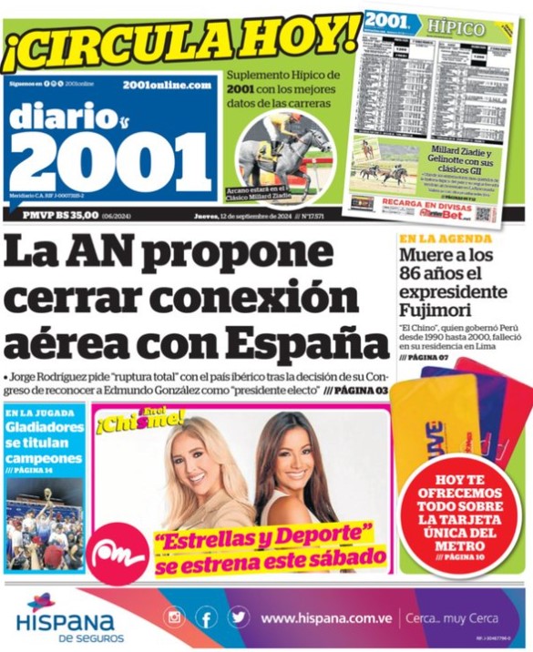 Portadas de este jueves 12 de septiembre de 2024