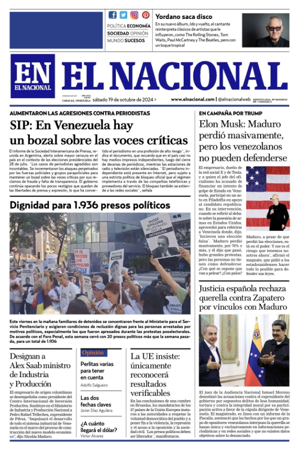 Portadas de este sábado 19 de octubre de 2024