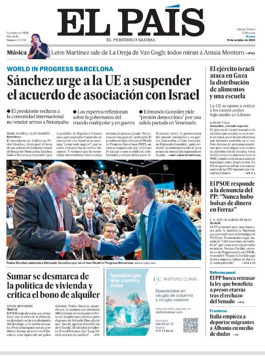 Portadas de la prensa internacional de este martes 15 de octubre de 2024