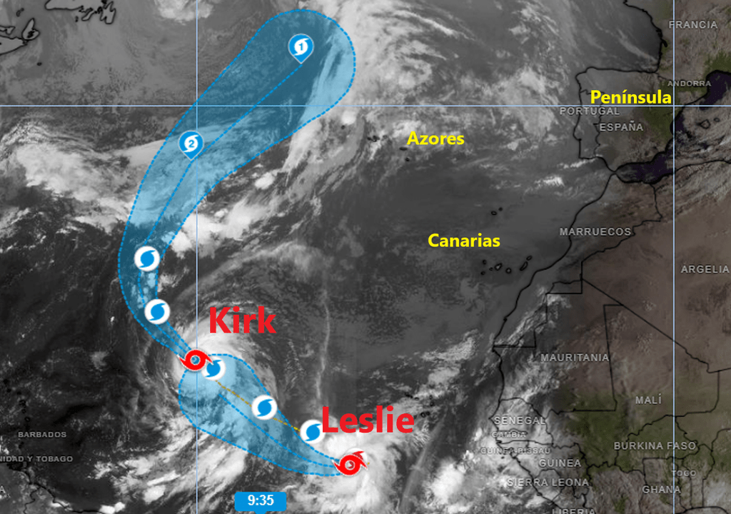 El huracán Kirk sigue en aguas abiertas del Atlántico, acompañado por la tormenta tropical Leslie