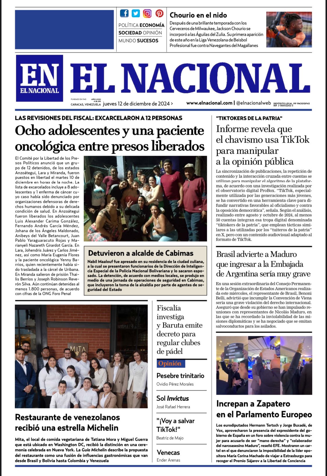 Portadas de este jueves 12 de diciembre de 2024