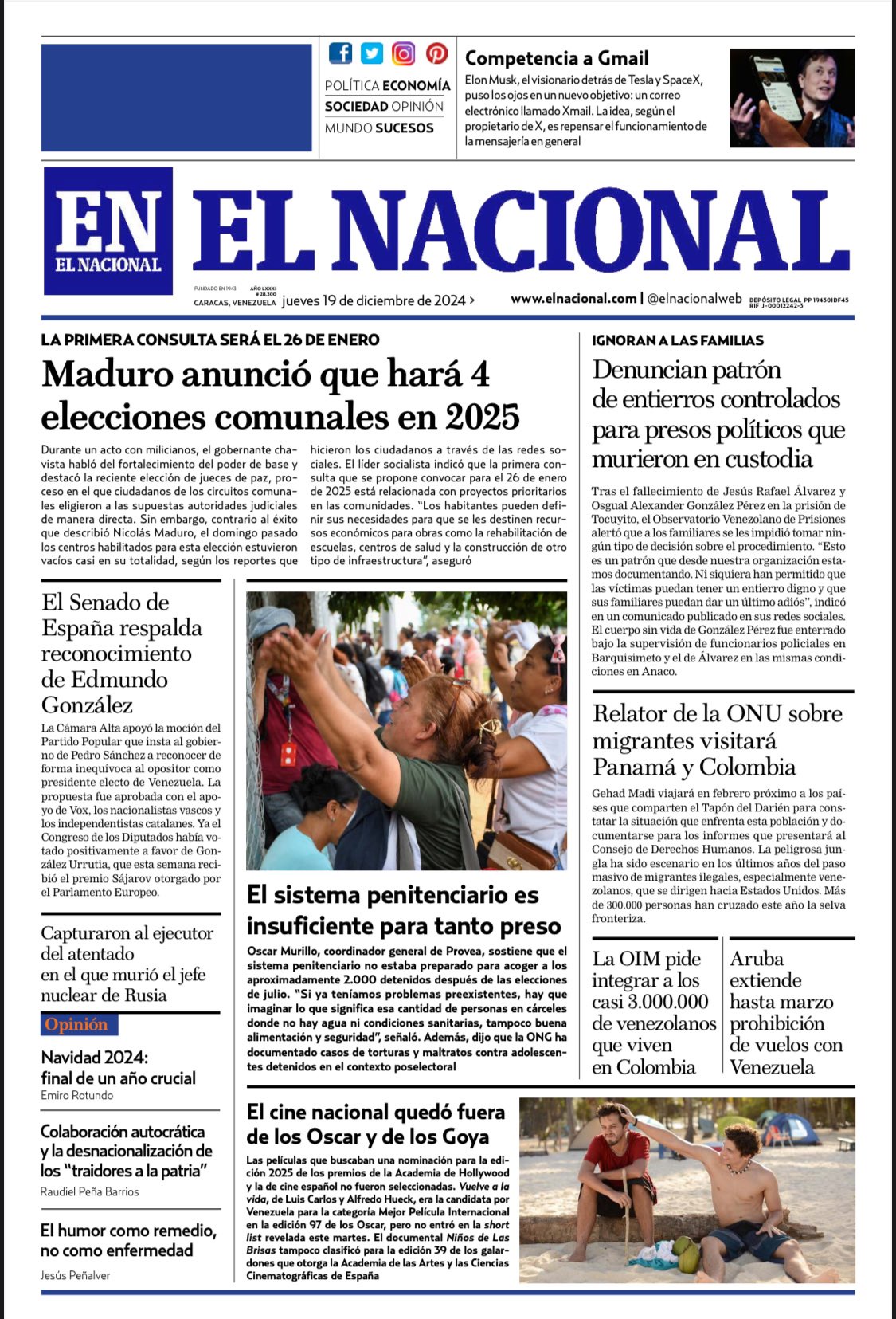 Portadas de este jueves 19 de diciembre de 2024