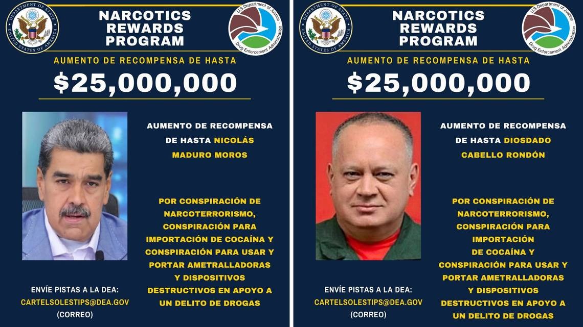 EEUU distribuye carteles de recompensa por captura de Nicolás Maduro y Diosdado Cabello