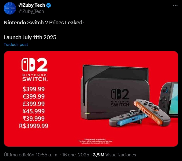 Nintendo Switch 2: Filtran precio y fecha de lanzamiento